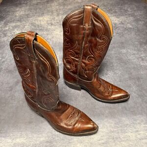 Vintage ACME Mens Brown Leather Cowboy Boots Western Style Pointed Toe US 8 D